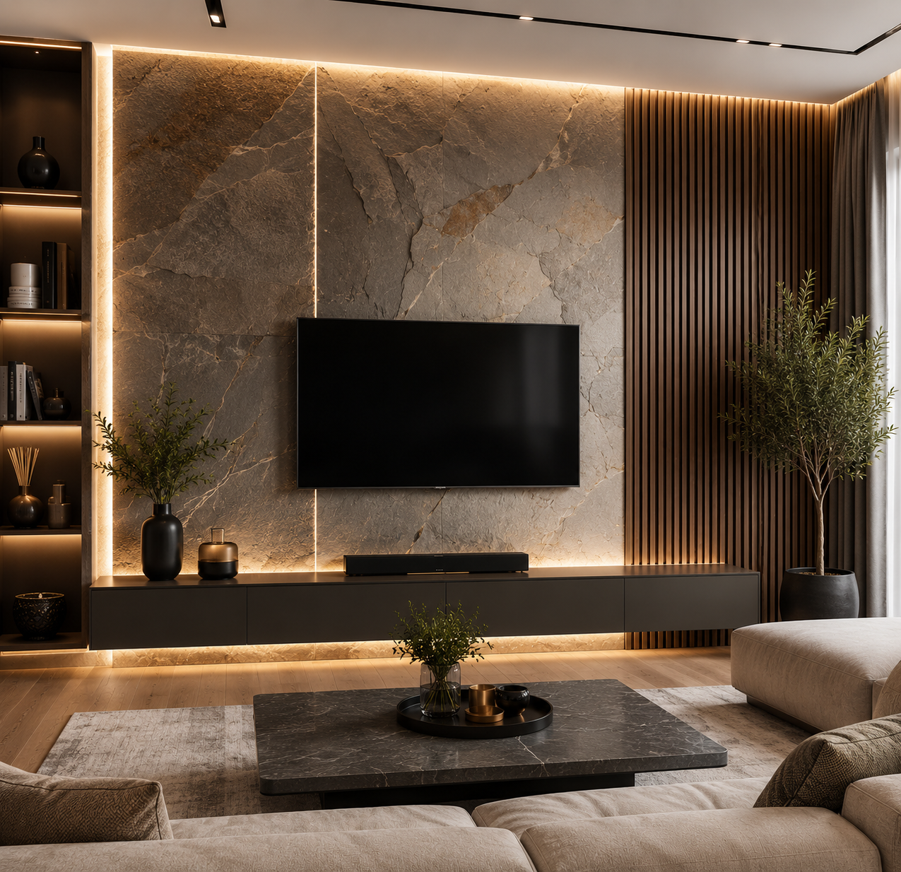The use of stone panels in the interior