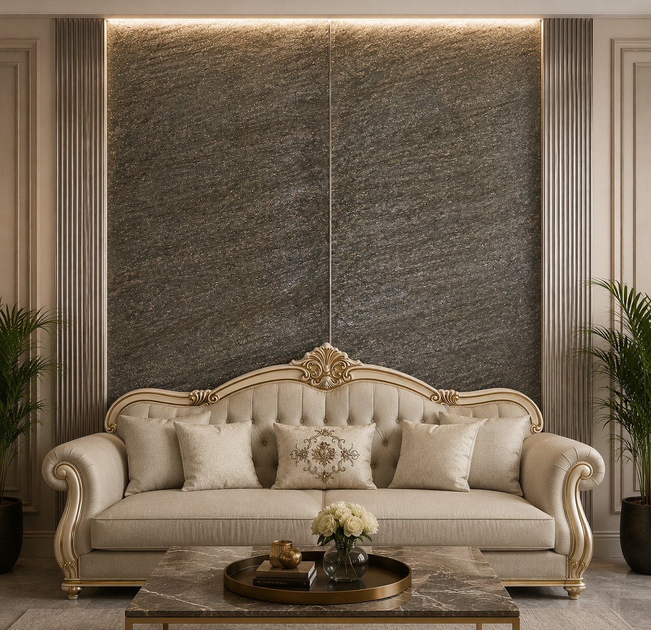 Devil Green natural stone in the bathroom and living room interior