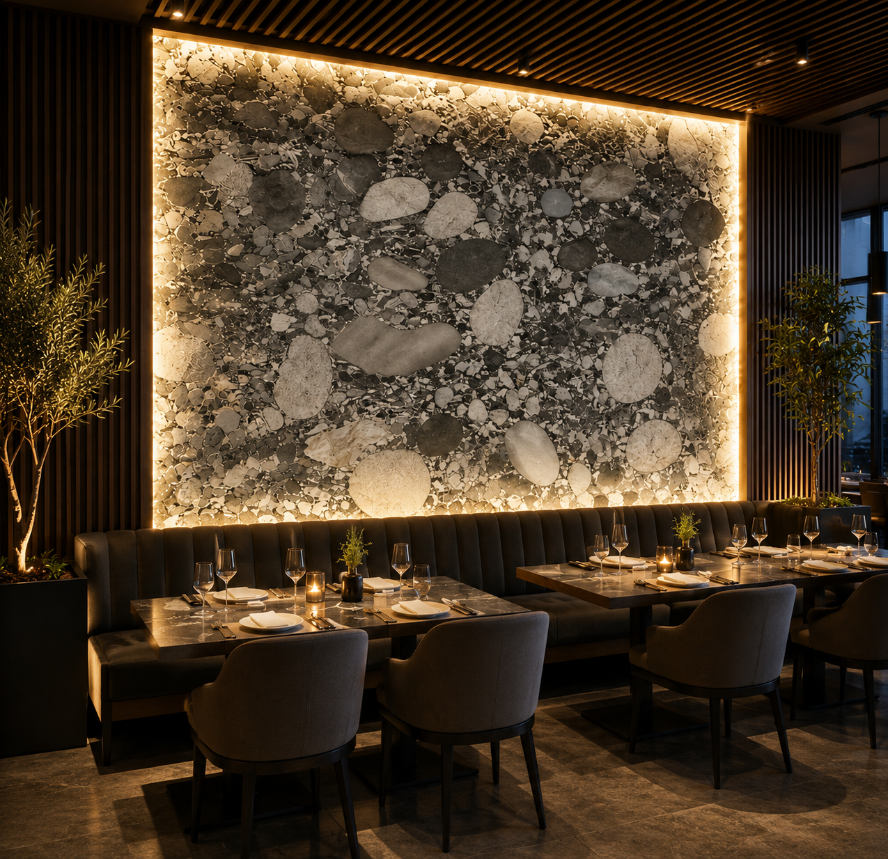 Cosmos translucent natural stone in the restaurant interior